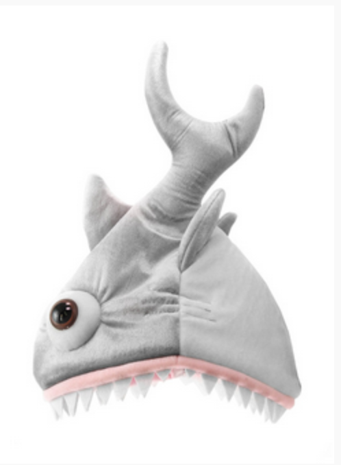 Maneater Shark Plush Hat. This cotton and polyester hat is shaped like a shark, complete with dorsal and side fins, a curved tail and plastic eyes. Foam teeth surround the head opening, which is designed to look like the shark's mouth.