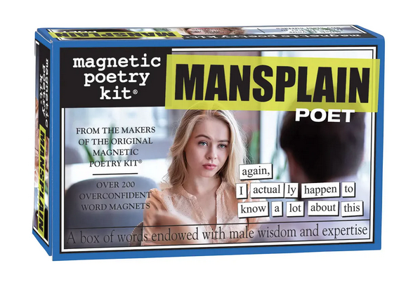 The MAnsplain Poet Kit, the box has a picture of a young woman raising an eyebrow at the lesson she is being given by a male she is sitting with. 