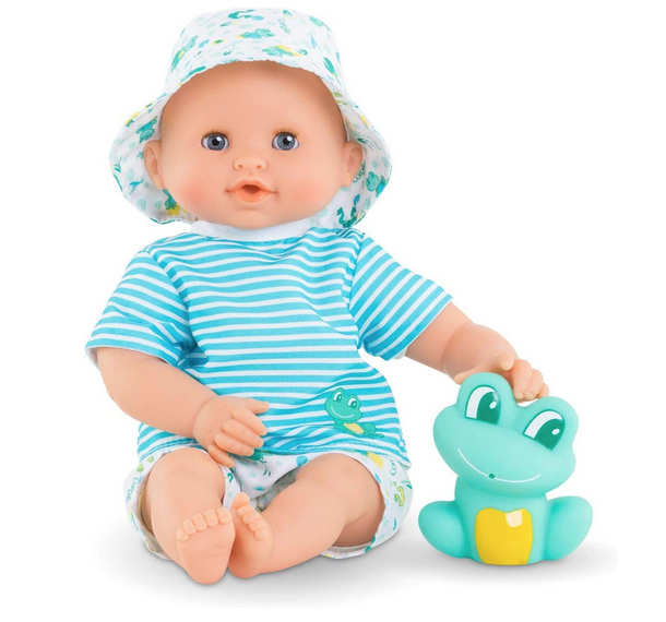 Marin Bebe bath doll in a blue and white striped shirt and white shorts. Light skin boy. Comes with pet frog.