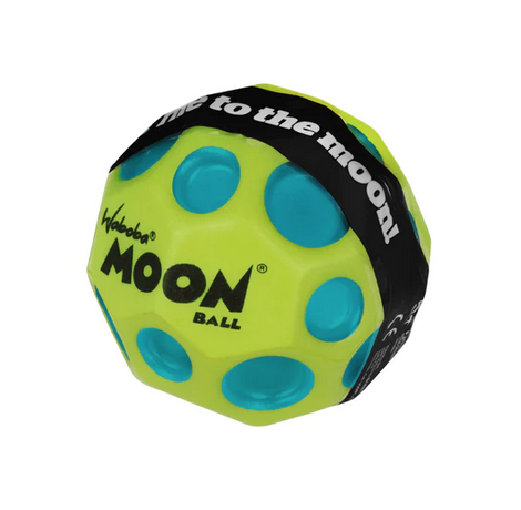 Super high-bouncing moon ball with craters. This ball is bright green with blue dots. 