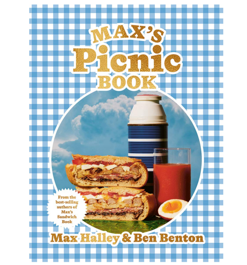 Cover of "Max's Picnic Book" by Max Halley & Ben Benton on a blue and white check background showcasing a stacked sandwichm thermos, boild egg halved, and a glass of red juice.
