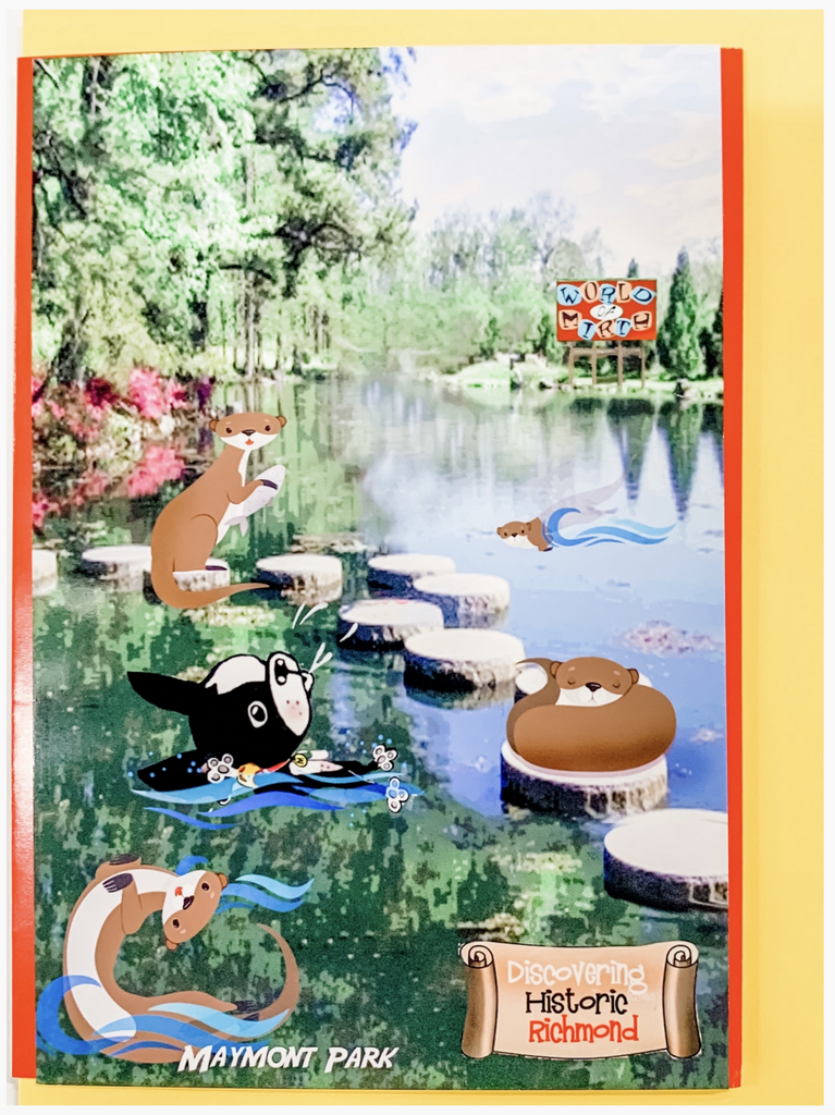 Greeting card featuring the Japanese Pond at Maymont in Richmond, Va. Boston Terrier Mirabelle and several swimming otters are added for extra fun.