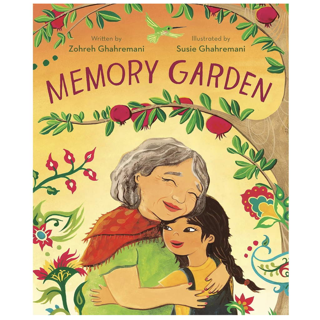 Vibrantly illustrated cover of "Memory Garden" with a grandmother and grandaughter hugging with colorful flowers surrounding them. 