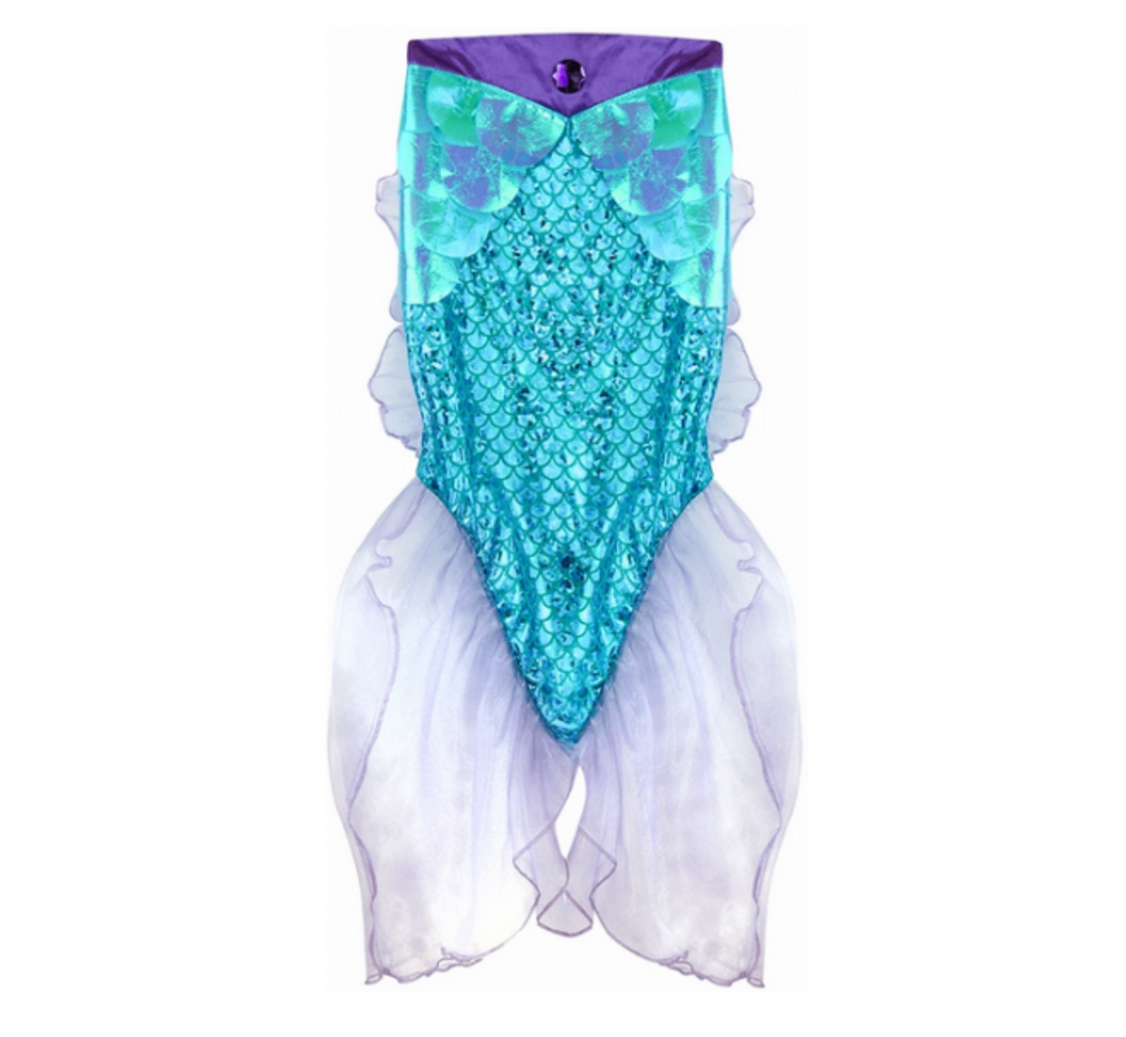 Flowy blue holographic mermaid skirt with light purple fin like fabric along the sides and bottom.