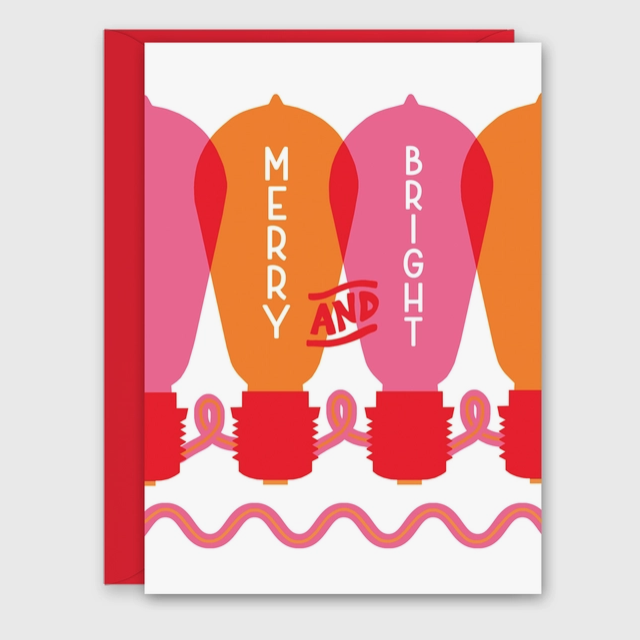 Front of greeting card with colorful bulbs from Christmas lights that reads "Merry and Bright" 