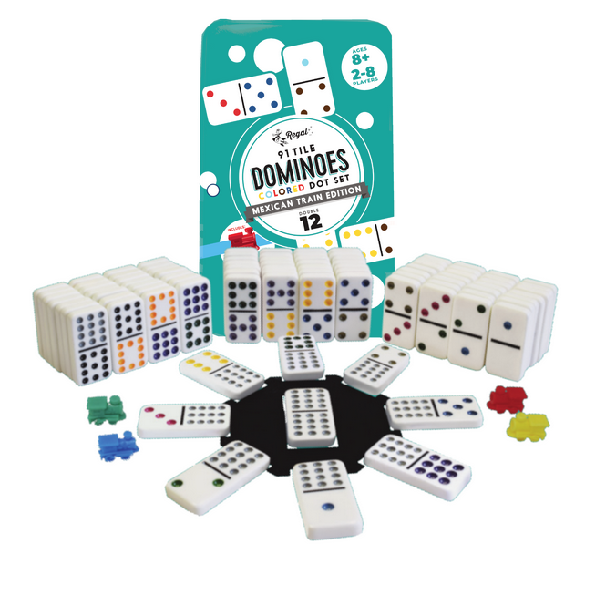 Tin of colored dot mexican train dominoes.