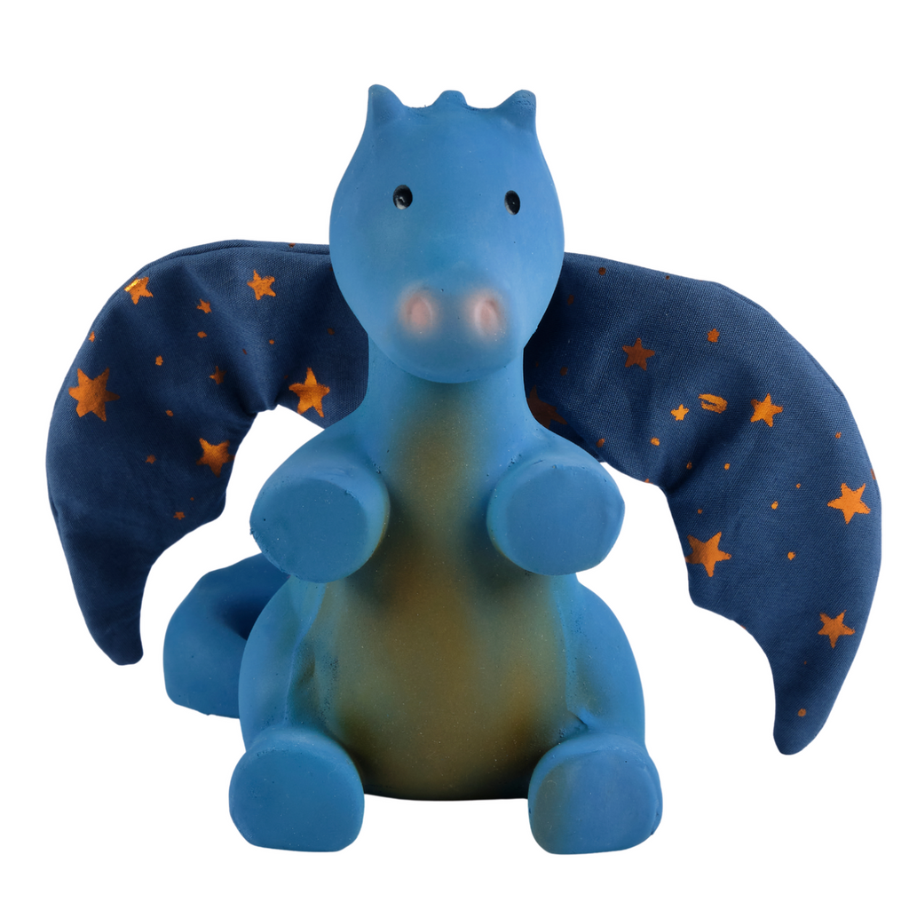 Blue latex dragon teether with dark blue and gold star fabric wings.