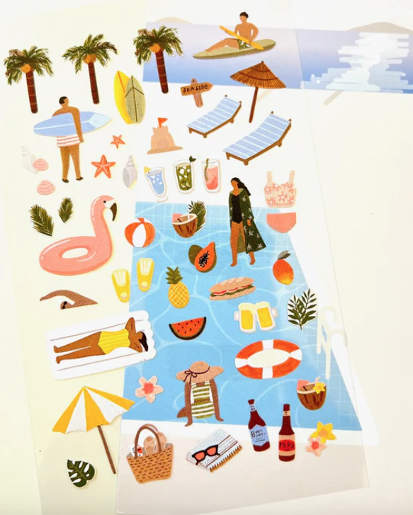 A sticker sheet with images of summer. Pink flamingo pool float, beach umbrellas, palm trees, summer fruits, cool beverages, bathing beauties, surfboards and more!