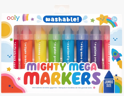 Box of washable mighty mega markers in bright colors. 