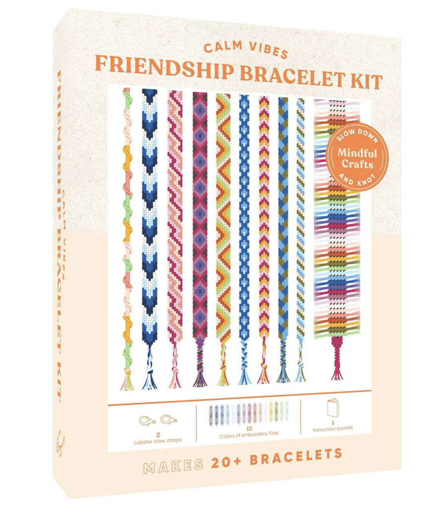 Box for the Friendship Bracelet Kit. The box is beige with picture of completed bracelets, 