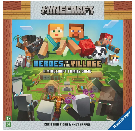 Heroes of the Village game box. Shows Minecraft characters and the landscape you will build during game play. 