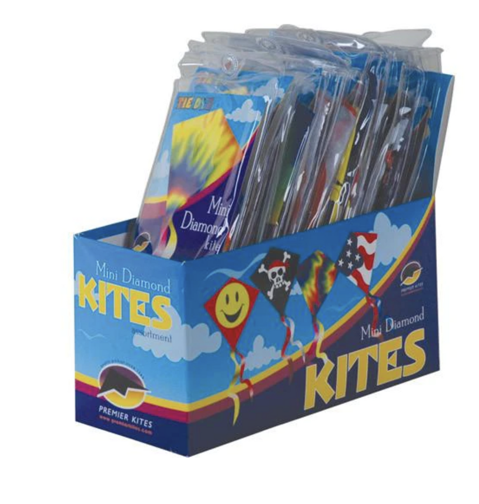 Box of mini diamond kites in assorted designs.