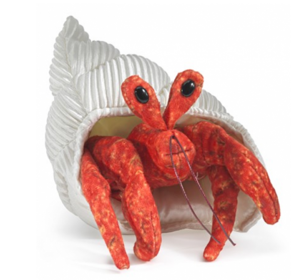 Hermit Crab finger puppet with a red, orange crab peeking out of it's textured shell. 