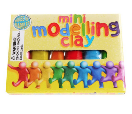 Miniature yellow box with animated clay figures representing all the colors included in this set. Colors are pink, yellow, orange, red, blue and green. 