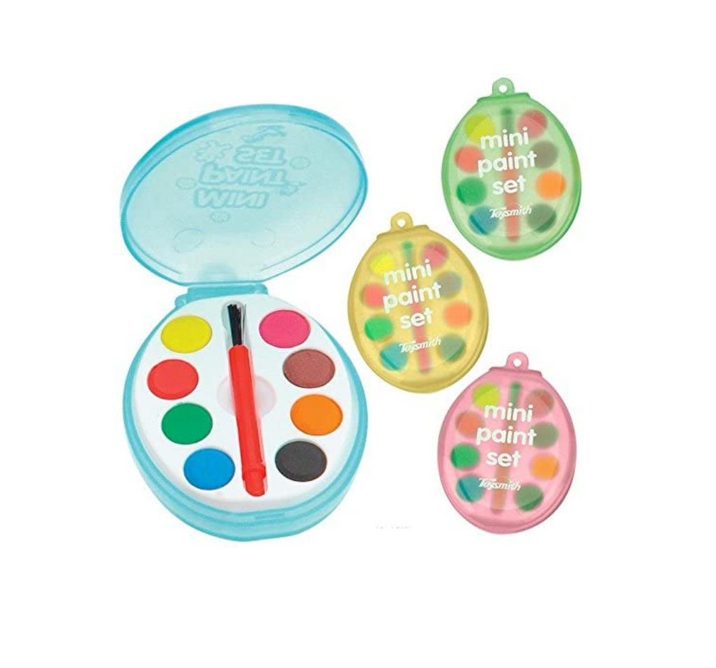 Different color small plastic watercolor sets.