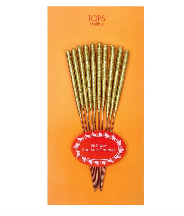 10 gold mini sparklers packaged on an orange backing card in clear cellophane. 