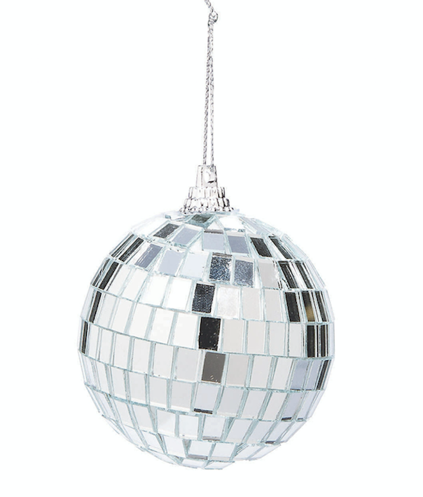 Mirror ball ornament with a silver string for hanging. 