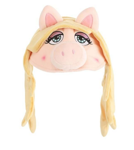 The Miss Piggy is a a fabric-covered headband. Plush fabric makes up the three-dimensional face, which includes attached hair and a pair of ears. Piggy's eyes are embroidered on the front right above the stuffed snout.