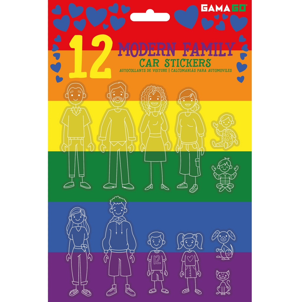 12 modern family car stickers. Choose from 2 men, 2 women, 2 babies, 2 teens, 2 kids, and a dog and cat.