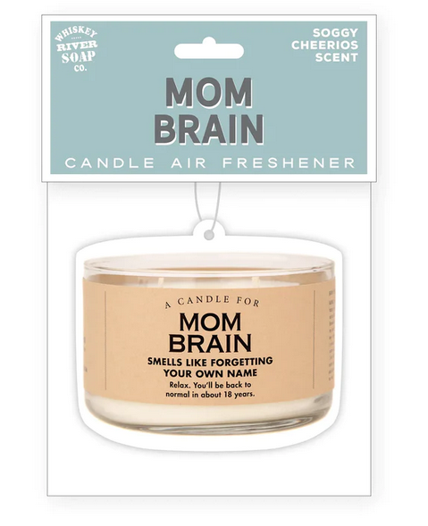 Mom Brain air freshener in packaging.  Freshener looks like an actual candle in a glass jar. 