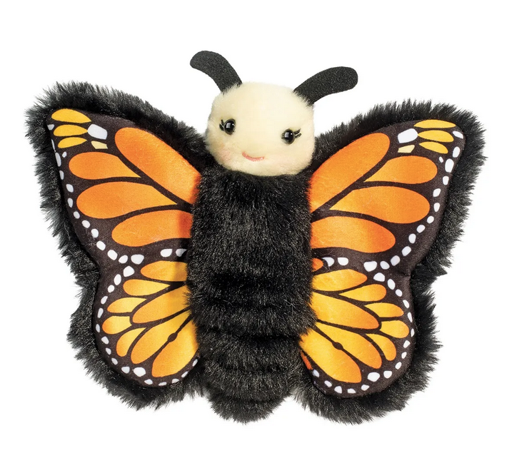 Full front view of the  Monarch Butterfly Finger Puppet with fuzzy brown body and bright orange and yellow outstretched wings. 