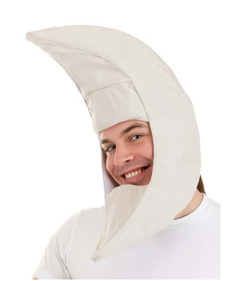 The Moon Hat is made with 100% light grey polyester faux suede fabric, and in the shape of a crescent moon with the face cut out. Shown here being worn by an adult.