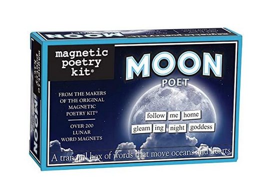 Moon Poet Magnetic Poetry box, features a picture of a full moon and word magnets assembled into a poem about the moon. 