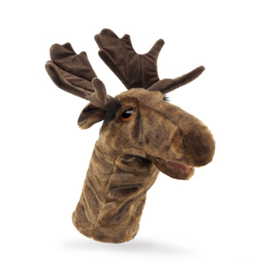Side view of the Moose Stage puppet. It's head  so soft and life like with larhe antlers and a long neck to cover your arm . 