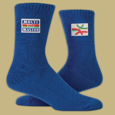 Blue knitted socks with patches near the ankles. One patch reads "Mutil Task Master" while the other patch shows intercrossing lines.