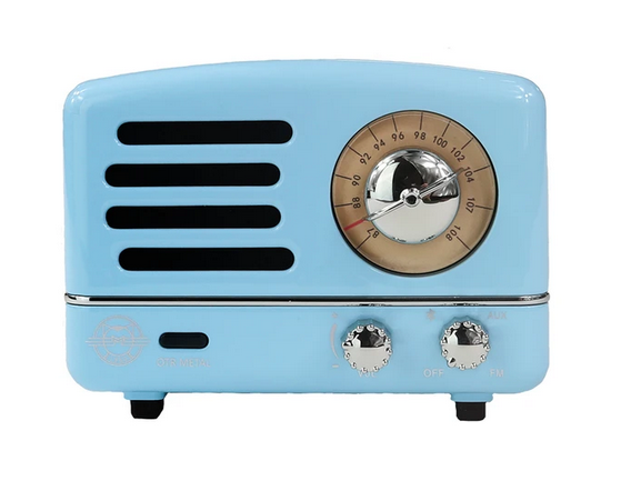 Blue metal and enamel retro radio style bluetooth speaker.