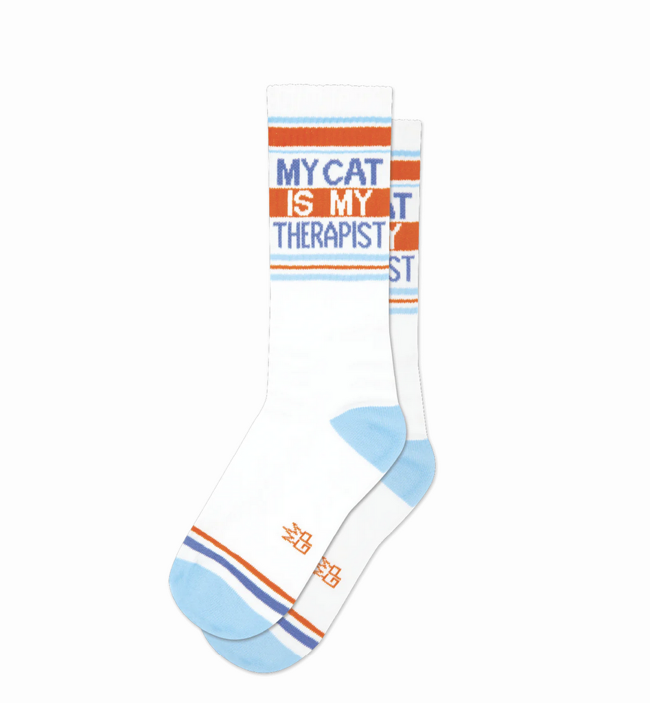 My Cat is my therapist socks.  These super-comfy, unisex, one-size-fits-most, Gym Socks are made in the USA of Bleach White Cotton with accents of Orange Nylon, Carolina Blue Cotton, Denim Nylon.