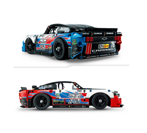 The assembled LEGO® Technic™ NASCAR® Next Gen Chevrolet Camaro ZL1 model. A view of the rear of the race car with the spoiler and Camaro logo displayed prominently. And another view of the passenger side of the model. Here you see the number 75 on the door, and the red, white and blue paint job.