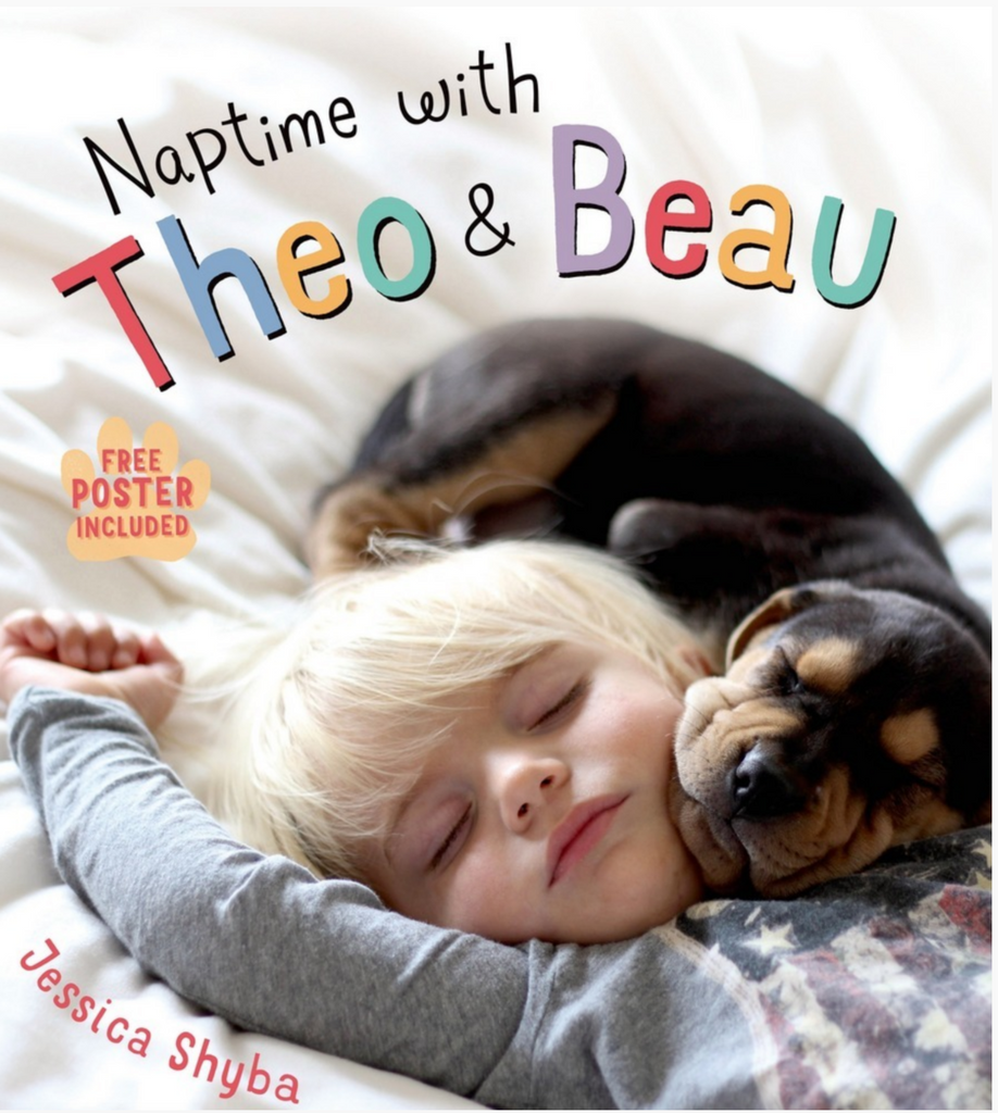 Cover of book Naptime with Theo and Beau by Jessica Shyba features a young boy sleeping curled up with a cute puppy.