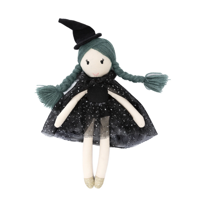Natasha the Witch plush. Dressed in a stunning black tutu and matching black cape and black pointy hat with woven yarn hair made from rich teal yarn, 