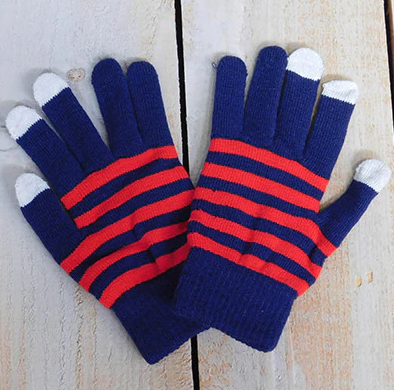 Navy blue with red striped gloves.