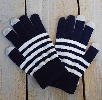 Navy blue and white striped gloves.