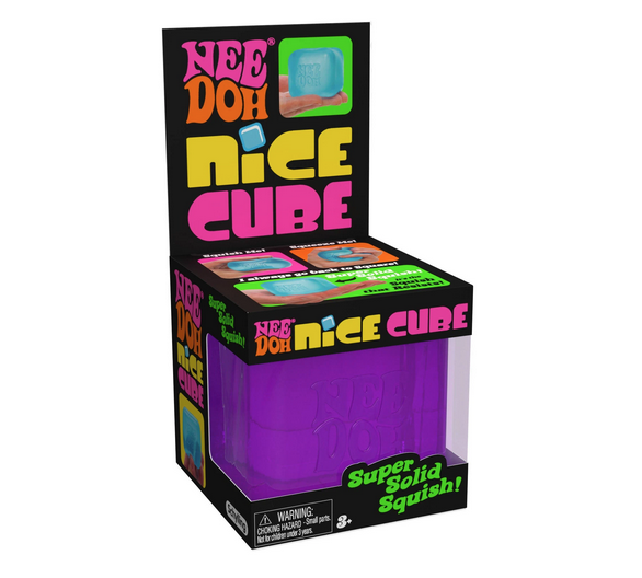 The squishy, squeezy square sensation! Squish it, Squeeze it! It always goes back to its square shape. Cube shaped Nee Doh that is cool to the touch.