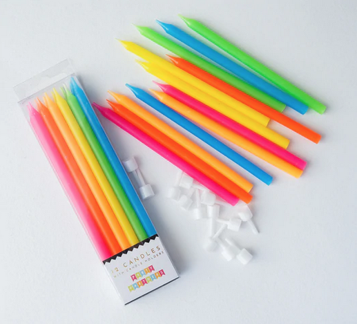 12 thin neon colored candles.