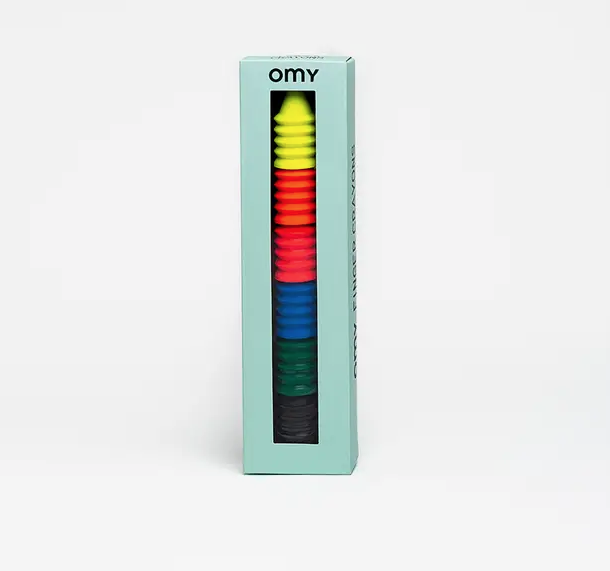 Light green box with the ridged, cone shaped finger crayons stacked on top of each other.  Opening shows the six primary colors. Yellow, Orange, Red, Blue, Green and Black. 