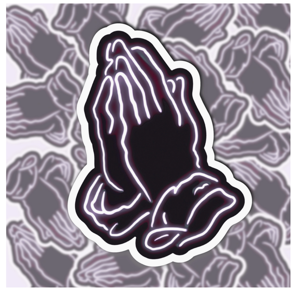 Black and white neon praying hands sticker.