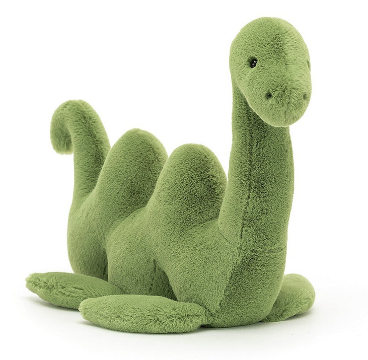 Nessie Nessa plush has grass-green fur and is beautifully soft, with a wiggly body, flopsy fins, shiny eyes and a beany base.