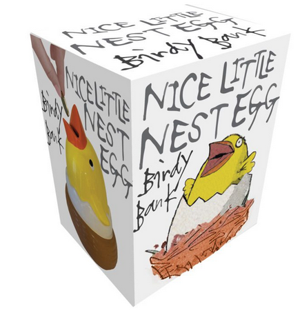 Box containing the birdy bank.  Box has illustrations of a bird in it's nest waiting to be fed. 
