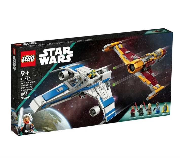 LEGO Star Wars New Republic E Wing vs Shin Hatis Starfighter box with picture of built models and minifigures included in the set. 