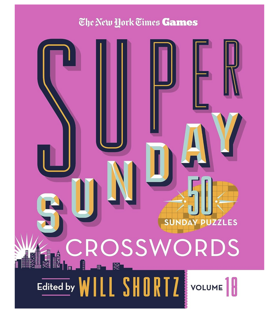 Super Sunday New York Times Crossword book cover with purple background and vibrant lettering with the New York skyline in the background. 