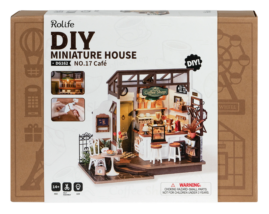 Brown cardboard box with picture of the completed No. 17 Cafe Miniature House kit. 