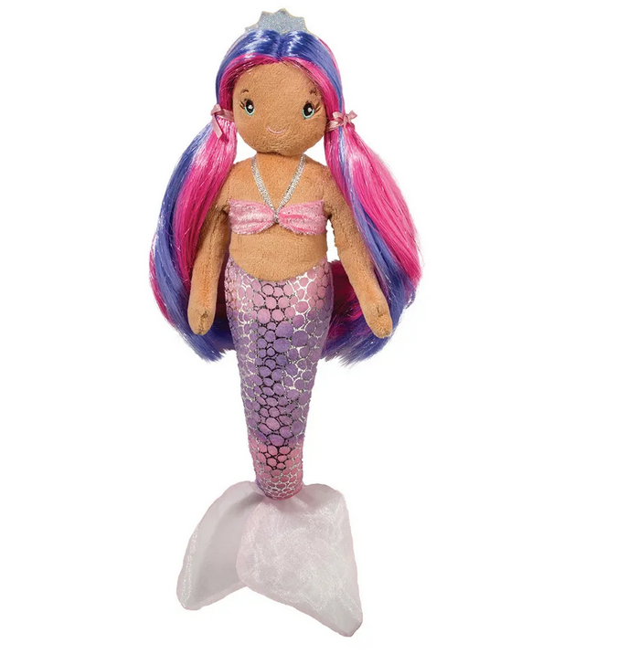 This whimsical plush Princess doll knows how to unlock the wonders of the deep blue sea! Her colorful tail is accented with a silvery bubble pattern and finished with lacy, tulle fins. A shimmery glow brings attention to her royal tiara, while embroidered features lend her a facial expression that’s warm and friendly as a sun-filled day on the beach. Nola’s long, silky hair is held back with ribbons but can be brushed and styled for additional playtime fun.