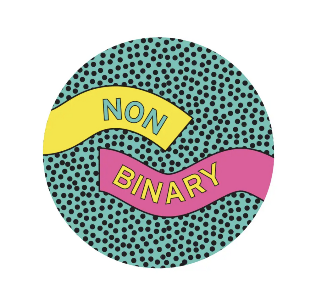 Round Non Binary sticker in 80's theme prints.