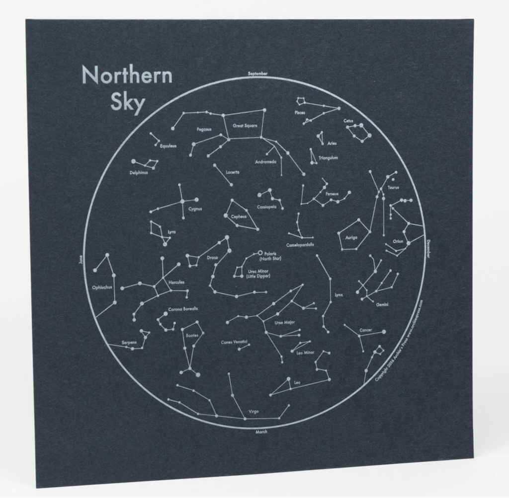 Black print with a view of the constellations in the Northern Sky in white ink.