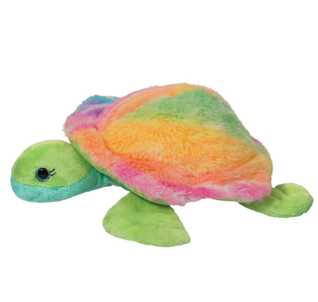 Nyla Turtle has ripples of rainbow colors that cascade over her shell, while her face and flippers feature green and aqua hues. Nyla has sapphire blue eyes. She is as soft as she is colorful. 