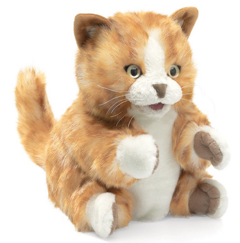 The cutest and softest orange and white stripey kitten puppet sitting upright and ready to play. 